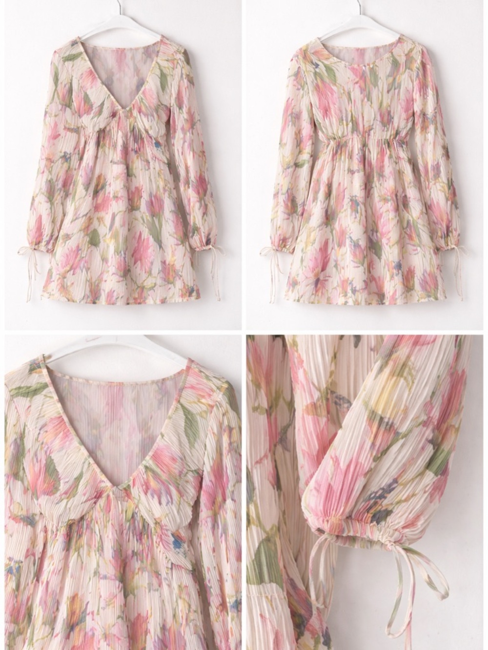 Floral Pleated V-Neck Tunic Top - Pink Floral